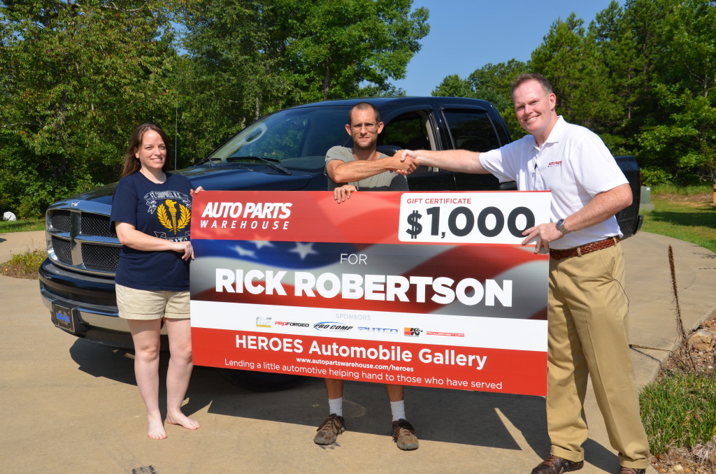 Sergeant Rick and Michelle Robertson receive surprise gift certificate and auto parts from AutoPartsWarehouse.com